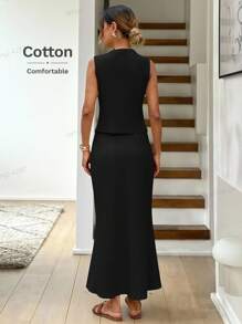 Easowa 2 件套香槟色女士无袖上衣和长裙，婚礼季节 - 黑色 - 查看 2