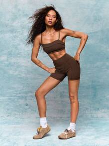 GLOWMODE 4.3" FeatherFit™ Level Up Buttery-Soft Stretchy Sweat-Wicking Active Biker Shorts Low Impact Yoga Pilates Barre Studio Daily Casual Wear - Chocolate Brown - View 6