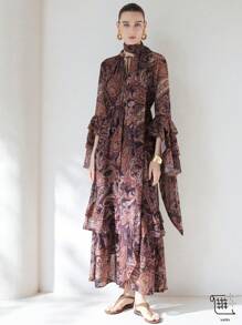 Aveloria Modichic Váy Boho Elegant Holiday tay bèo nhún viền quá khổ có dây thắt lưng - Nhiều màu - Xem 6