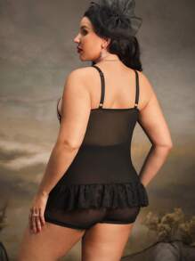 2pcs Plus Size Lingerie Set With Underwire, Criss-Cross Straps, Lace Patchwork, Slimming Cut, Lace Trim, Ruffle Hem, Vintage, Palace Style - Multicolor - View 2
