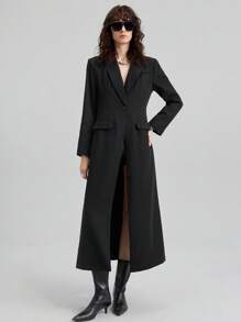 Ontre 2025 Women's Autumn Black Long Sleeve Extended Blazer,Chic Smart Office Wear,Minimalist Waist Cinched Lapel Collar,High-Quality Retro Business Casual - Black - View 5