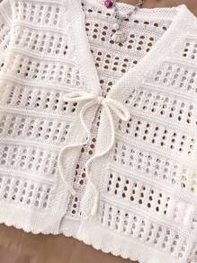 SHEIN Teens Girls' Apricot Casual Vacation Short Cropped Cardigan With Bow Accent, Textured Vintage Floral Lace, Oversized Long Sleeve, Can Be Worn Alone Or Layered, Suitable For Daily Wear, French & Korean Fashion Style, Back To School Teen Girl Clothes Sweaters Summer Clothes For Teens Sweater Beige Clothes For Teen Girls Tween Girl Clothes Sweaters Tie Front Sweater,In Fall/Winter