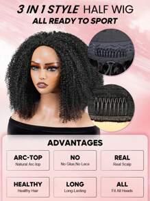 QUICK WEAR Half Wig Human Hair 3-In-1 Half Wig Seamless Kinky Straight Flip Over Human Hair No Glue No Lace 180% Density 14-28 Inches Natural Black Color With Natural Hairline Beginner Friendly Sport Vacation Travel Festival Prom Outdoor Cosplay Campus School Beach Wedding Camping Holiday Outfits Summer Outfits Vacay Vibes Charm Elegant Casual Y2k Fashion Styles Ss25 Keywords - S1 - View 6