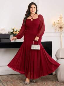 Modelyn Plus Size Elegant Plain Color Ruched Extra Long Dress - Burgundy - View 1