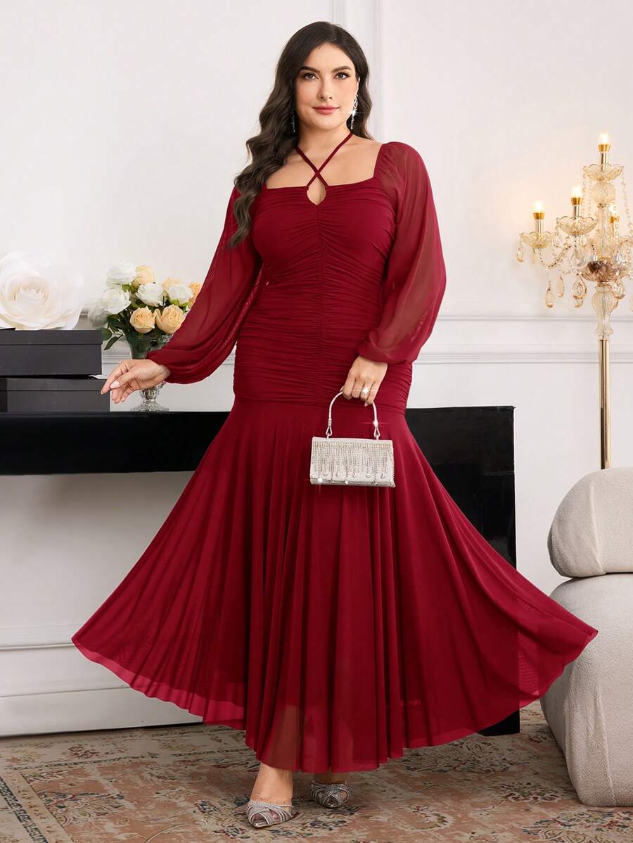 Modelyn Plus Size Elegant Plain Color Ruched Extra Long Dress - Burgundy - View 1