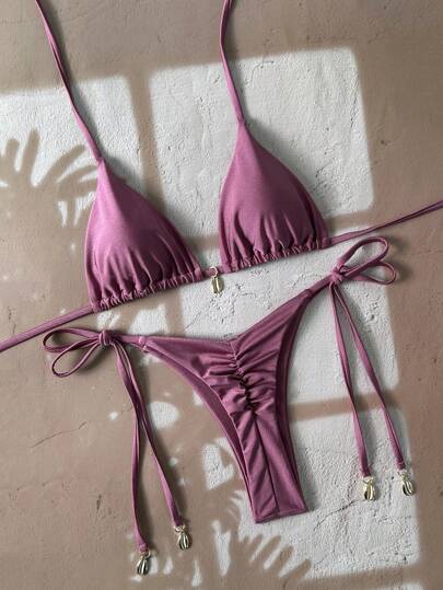 Swim Vcay Women Solid Color Lace-Up Sexy Bikini Swimwear Set, Summer Beach