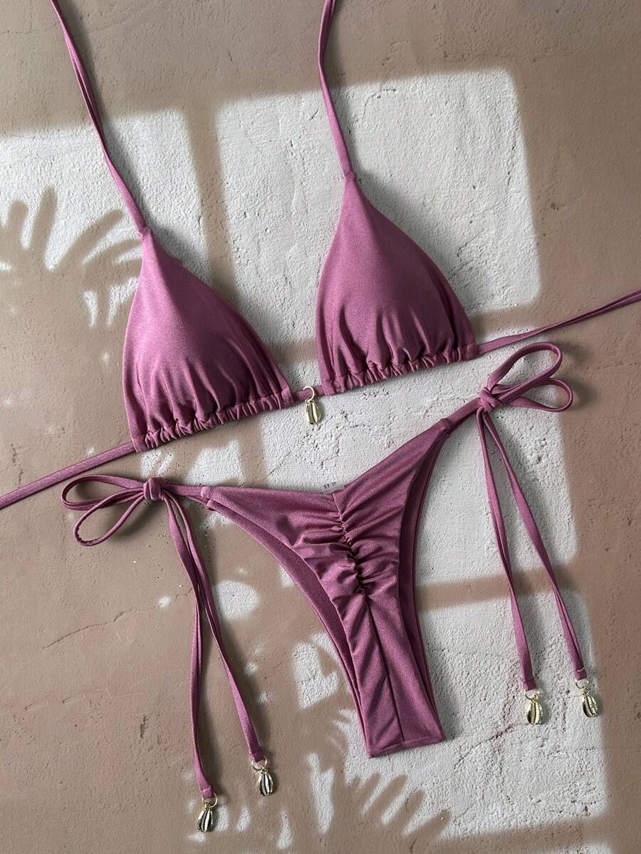 Swim Vcay 女士纯色系带性感比基尼泳装套装,夏日海滩 - 中紫紅色 - 查看 1