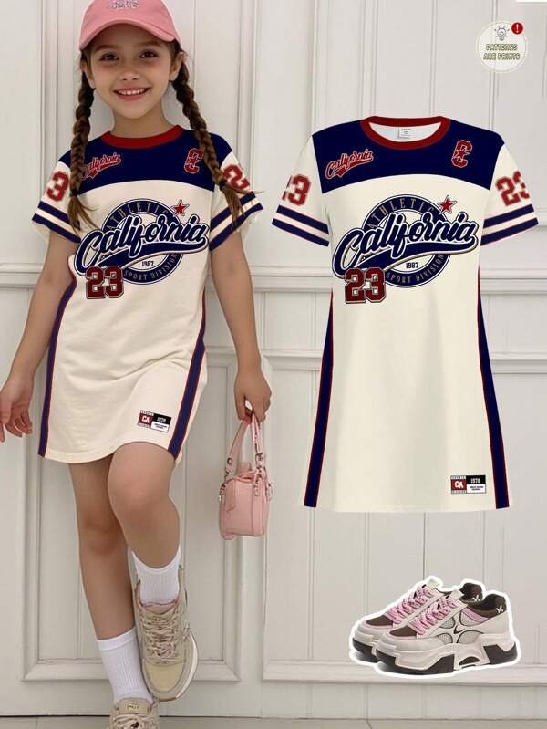 Tween Girl Retro Letter & Number Badge Graphic Casual Midi Dress, Fashionable Athletic Jersey Style, Short Sleeve, Suitable For Summer Cool Wear Collection, Girls Chroma Select, Back To School Korean Style, Effortless Athletic, Outfit, Kids Graphic T-Shirts, Athleisure, Summer Outfits, Grad Ready