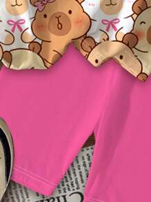 SHEIN 2 Stücke/Set niedliches Capybara Cartoon Tier Muster T-Shirt & Shorts Set, Tween-Mädchen Lässig minimalistischer Stil, geeignet für Sommer, fröhliche Kinder Sommer Outfits, Urlaubsgefühle, Sommer Blumen, Sommer Outfits für Urlaubsstimmung, Ferienkinderbekleidung, Urlaubsgefühle, im Stil gehen, Farbkontraste