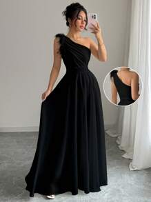 Modelyn French Retro Mori Style Ultra Chic Asymmetric Neckline Sleeveless Formal Black Dress - Black - View 5