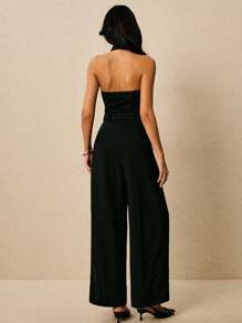 Poéselle 女士纯色露背吊带连体裤，通勤风格 - 黑色 - 查看 1