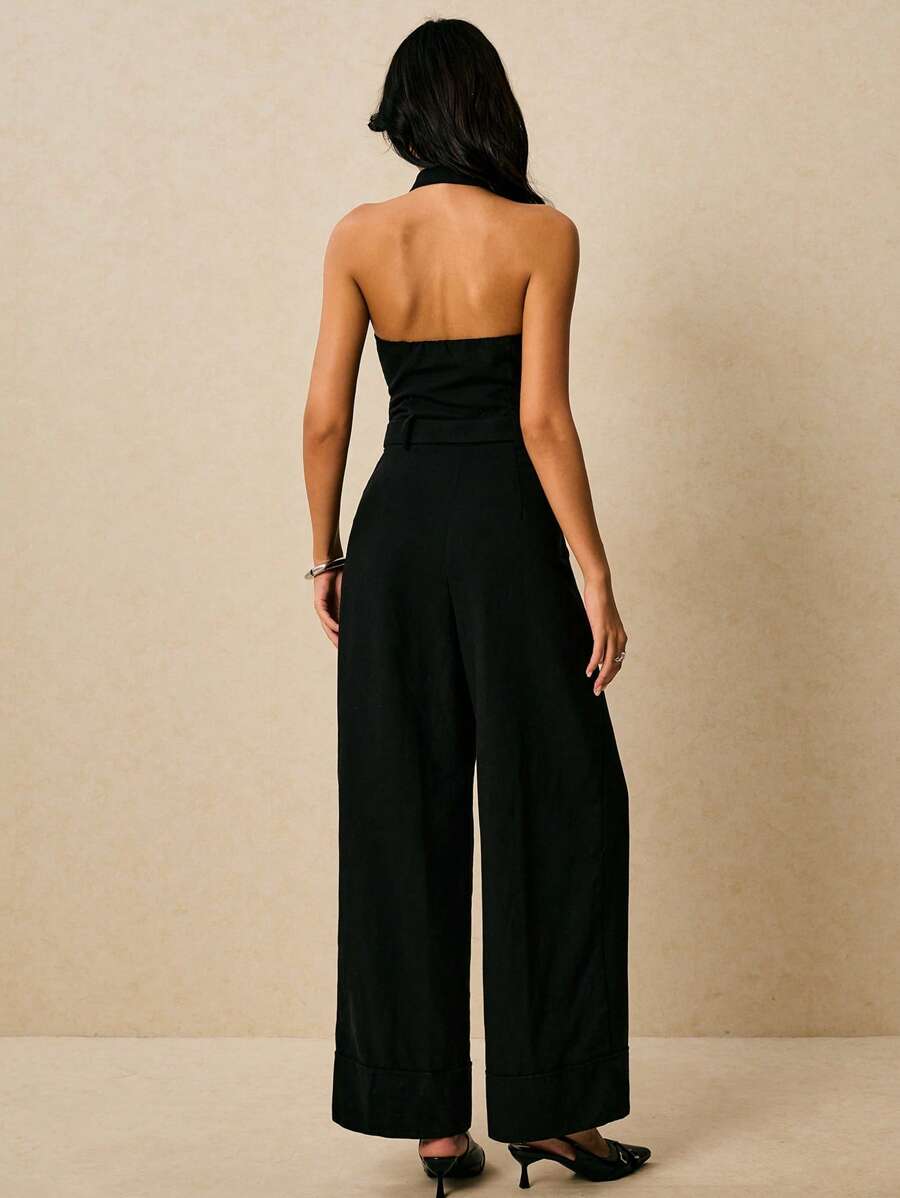 Poéselle 女士纯色露背吊带连体裤，通勤风格 - 黑色 - 查看 1