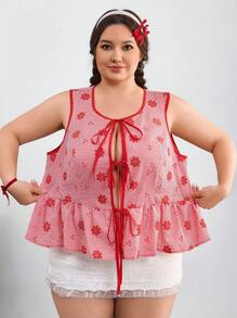 SHEIN CURVE+ 大码女式无袖休闲系带衬衫，时尚，适合夏季