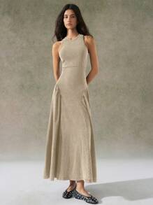 LYSMO 2025 New Arrival Women Summer Khaki Distressed Wash Racerback Long Dress