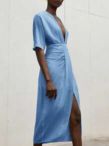 Aveloria Modichic Vestido midi ajustado fruncido con escote en V, de manga larga para mujer - Azul - Ver 5