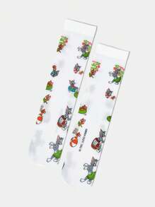 TOM & JERRY X SHEIN 1 pereche de șosete albe cu model de desene animate până la jumătatea gambei pentru femei