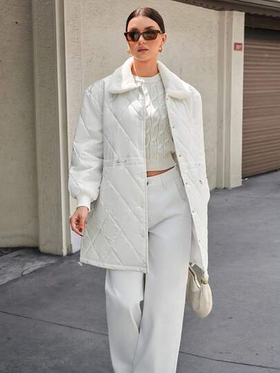 CLARA VERO Women, Winter, Quilted, Fax Fur Neck, Collar, Adjustable Belt, White, Pocket, Zipper, Snap Button White Outfit For Women Monochromatic Outfit White Quilted Jacket White Pantsuit Winter White Outfit White Quilted Coat White Pants Suit