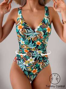 Shapewave Kvinnors One-Piece Tropisk Plantor Tryck Magkontroll Baddräkt Med Bred Rem - Svart - Visa 1