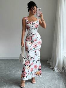 Elenzga Women's Floral Print Pleated Square Neck Sleeveless Dress