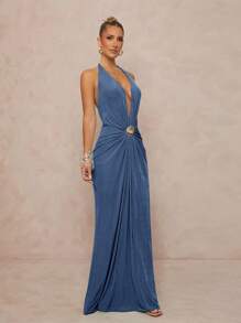 Lumalex Women's Dusty Blue Summer Elegant Party Night Halter Neck Deep Plunge Ruched Front Crystal Shell Brooch Backless Bodycon Maxi Dress For Wedding Prom - Dusty Blue - View 6