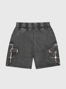 ROMWE MEN Street Life Shorts casuais masculinos com strass e decoração de patch, cordão e bolsos na cintura - Preto - Ver 2