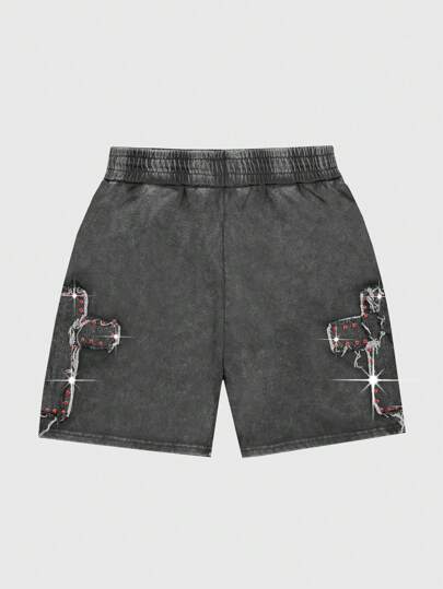 Grunge Punk Short casual pour hommes avec taille à cordon, poches et décor de strass et patchs