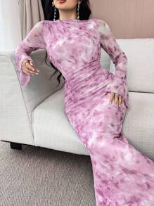 Feyla 女士花卉印花褶皱长袖连衣裙 - 紫色 - 查看 2