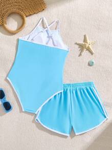 Tween Girl Light Blue Sweet Solid Color English Letter Print Comfortable Fashion One-Piece Swimsuit With Bottoms Sky Blue Swimsuit Girls California Swimsuit Girls Sky Blue Swimsuit Girls Tankini Swimsuit Set Girls Swimsuit With Shorts Two Piece Swimsuit For Girls Girls Sky Blue Swimsuit Set Girls Tankini Swimsuit With Shorts Aqua Blue Kids Swimsuit Girls Swim Set - Baby Blue - View 2