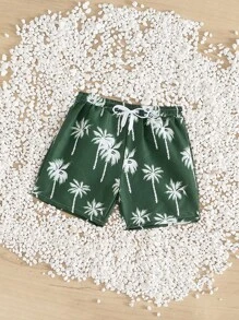 Young Boy Green Base Palm Tree Drawstring Beach Shorts, Family Matching (Mommy And Me, Sold Separately) - Multicolor - View 7