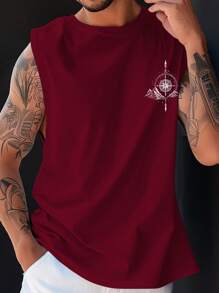 Manfinity LEGND Men's Casual Compass And Mountain Print Tank Top For Summer Men Sleeveless Graphic Tee Sleeveless Shirt Men Streetwear, 2000s Style - Burgundy - View 2