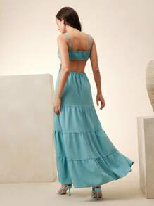 Anewsta Women's New Elegant Dignified V-Neck Waist Cinched Butterfly 3D Embroidery Spaghetti Strap Dress, Fresh Lake Blue Multi-Layer Ruffle Shoulder-Revealing Christmas Vibe Niche Delicate Slimming Dress - Blue - View 2