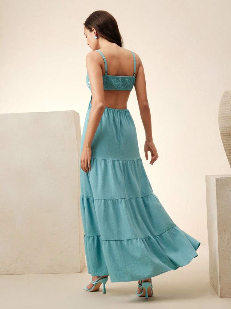 Women's New Elegant Dignified V-Neck Waist Cinched Butterfly 3D Embroidery Spaghetti Strap Dress, Fresh Lake Blue Multi-Layer Ruffle Shoulder-Revealing Christmas Vibe Niche Delicate Slimming Dress