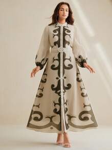 Anewsta 长袖节日束腰灯笼花卉印花休闲优雅女式连衣裙