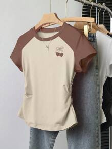 INAWLY Áo thun nữ tay ngắn raglan, họa tiết hoa anh đào ngọt ngào, mùa hè - Nhiều màu - Xem 5