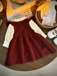 SHEIN Babygirl 撞色3D蝴蝶结装饰针织连衣裙，适合秋冬季 - 紅色 - 查看 6