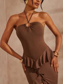 Hauture 纯色荷叶边高开衩挂脖连衣裙