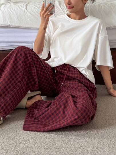 DAZY 休闲宽松纯色T恤上衣搭配格子直筒睡裤女士家居服套装