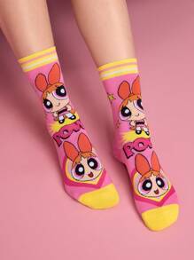 THE POWERPUFF GIRLS X SHEIN 3 Pairs Soft & Breathable Moisture-Wicking Casual Women Mid-Calf Socks With Cartoon Striped Pattern Fashionable And Cute Colorful Crew Socks Reinforced Toe & Heel For Durability All Season All-Match,Y 2 K,Back To School - Multicolor - View 9