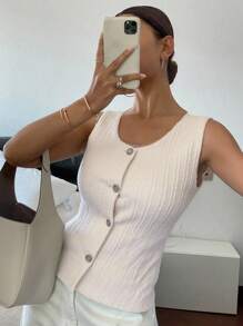 Livesso Áo khoác vest mỏng không tay cổ tròn thanh lịch ôm sát eo cho nữ - Màu be - Xem 2