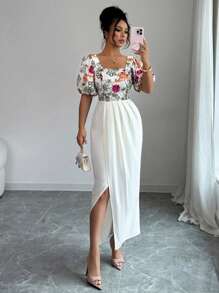 Elenzga Women's Floral Embroidery Patchwork Birthday Dress, Suitable For Wedding - Beige - View 3