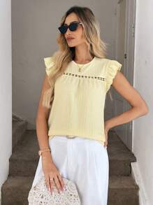 Easowa Camiseta casual de cuello redondo para mujer con bloqueo de color, volantes y color crema amarillento, para primavera/verano