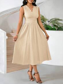 SHEIN Lady 节日连衣裙 女士中长款无袖夏季连衣裙 绿色编织纹理面料 - 杏色 - 查看 3