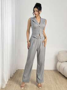 Modelyn 2pcs/Set Women Short Waist Fitted Vest With Lapel Collar And Pants - Grey - View 4