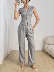 Modelyn 2pcs/Set Women Short Waist Fitted Vest With Lapel Collar And Pants - Grey - View 6