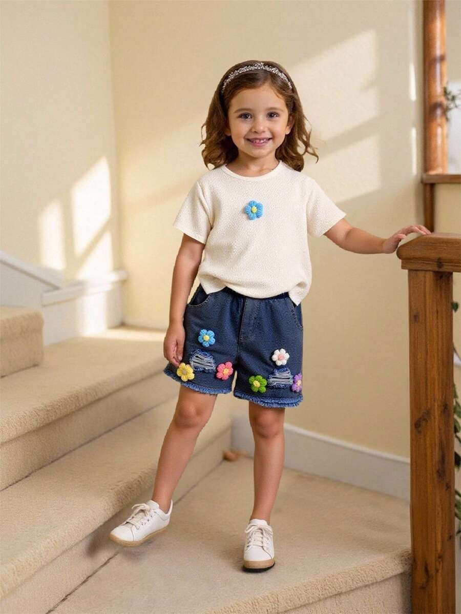 Young Girls Short Sleeve Tshirt, Stylish & Fashionable Young Girl Summer Apparel, Girls Apricot Textured Fabric Floral Print Tshirt Set - Apricot - View 1