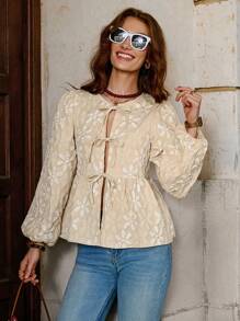 Solivie 1 件女式花卉纹理面料领带蝴蝶结长袖衬衫，长袖上衣 - 杏色 - 查看 4