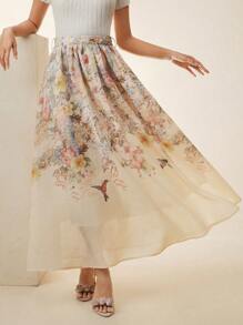 Anewsta Elegant & Intellectual Women's Chiffon Digital Placement Print Flared Mid-Length Skirt, Spring/Summer - Apricot - View 3