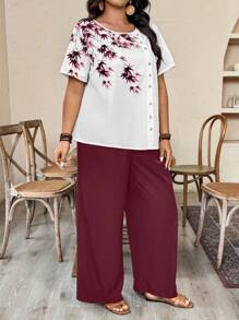 EMERY ROSE 2025 Neue Ankunft Rundhalskasual Zweiteiler mit Pflanzen Grafik, asymmetrischer Knopfleiste, locker geschnittem Große Größen Design für Damen