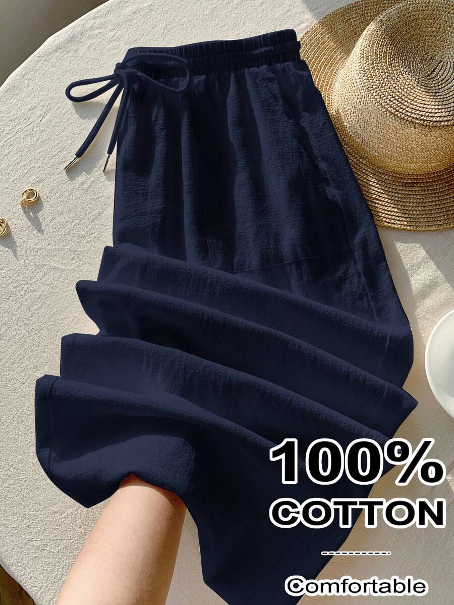SHEIN EZwear Quần dài thường ngày cạp rút màu xanh navy cỡ lớn cho nữ - Màu xanh hải quân - Xem 1
