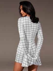 Athîral 女式格子前系带长袖纽扣门襟休闲连体裤 - 黑與白 - 查看 2